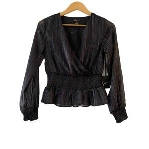 Japna Smocked Surplice Top XS Black Silver Metallic Stripe Sheer Long Sleeve NWT